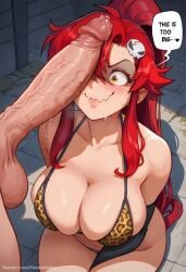 1boy1girl ai_generated animal_print bikini busty caption cheating comic comic_page commission dialogue english_text huge_breasts huge_cock huge_testicles long_hair netorare patreon patreon_url patreon_username penis_awe precum public red_hair shocked sinderellaart surprised sweat tengen_toppa_gurren_lagann text text_bubble thick voluptuous yoko_littner