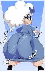 1girls clapping_cheeks denizen1414 dolores-day_crocker female female_only gilf glasses granny heels high_heels huge_ass looking_at_viewer looking_back older_female phone simple_background solo standing the_fairly_oddparents twerking white_hair white_hair_female
