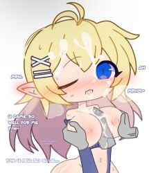 1boy 1girls ahoge blonde_hair blue_eyes blush breasts cum cum_on_breasts cum_on_face cum_on_hair disembodied_hands disembodied_penis elf elf_female elf_girl female gacha male meow_shady2 one_eye_closed paizuri partially_clothed penis pointy_ears titjob tongue_out