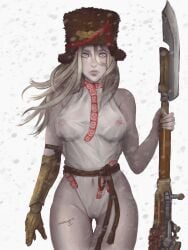 breasts female hat leotard long_hair medium_breasts rifle see-through slavic snowing soldier stryjok