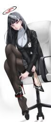 absurdres arme_(pixiv_41362141) black_hair black_jacket black_pantyhose black_shoes black_skirt blazer blue_archive breasts chair commentary_request crossed_legs cum cum_on_body cum_on_feet cum_on_shoe female hair_ornament hairclip halo high_heels highres jacket large_breasts long_hair pantyhose parted_lips pleated_skirt red_eyes ribbed_sweater ringed_eyes rio_(blue_archive) shoes simple_background sitting skirt solo sweater turtleneck turtleneck_sweater unworn_shoe variant_set white_background white_sweater