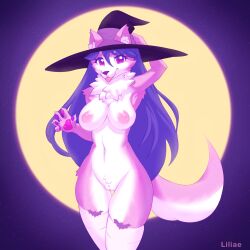 1:1 anthro areola armpit_fetish bangs big_breasts breasts canid canine canis clothing ear_tuft female fluffy fluffy_tail fur genitals hair hat headgear headwear hi_res legwear liliae long_hair looking_at_viewer magic_user mammal moon navel neck_tuft nipples pawpads pink_body pink_fur puffy_areola puffy_nipples purple_hair raised_arm smile smiling_at_viewer solo solo_focus star tail thigh_gap thigh_highs tongue tongue_out tuft vulva white_clothing white_legwear white_thigh_highs witch witch_hat wolf