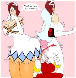 2girls 3girls amy_rose ass_on_face big_breasts blush denizen1414 dress nosebleed princess_elise simple_background sonic_(series) sonic_the_hedgehog_(series) text yuri