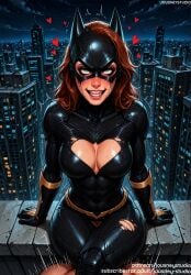 1boy abs ai_generated animal_ears arm_support bangs barbara_gordon batgirl batman batman_(series) black_bodysuit blush bodysuit breasts brown_hair building city cityscape cleavage cleavage_cutout clothing clothing_cutout covered_navel dc dc_comics domino_mask english_text female female female_only gloves green_eyes grin heart jousneystudio large_breasts latex lips lipstick long_hair looking_at_viewer makeup male mask moon naughty_face navel night night_sky outdoors pubic_hair red_bodysuit rolling_eyes sex sitting skin_tight sky smile solo solo_focus spider-man_(series) straight superhero superheroine sweat tears teeth thick_thighs thighs toned torn_bodysuit torn_clothes trembling