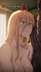 1boy abs ai_generated backlighting blonde_hair blush breasts chainsaw_man cleavage closed_mouth collarbone completely_nude cross-shaped_pupils curtains dark-skinned_male dark_skin erection fang_out fangs female hair_between_eyes horns imminent_fellatiopower_(chainsaw_man) indoors interracial large_breasts large_penis long_hair looking_at_penis meitabuu muscular muscular_male nude oerba_yun_fang penis penis_awe penis_on_face power_(chainsaw_man) red_horns sharp_teeth smile solo_focus straight symbol-shaped_pupils teeth testicles uncensored upper_body veins veiny_penis very_dark_skin yellow_eyes