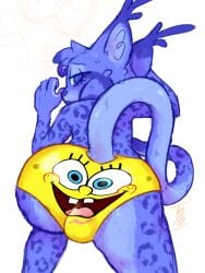 2025 anthro balls_outline barely_visible_character berry_(theblueberrycarrots) blue_body blue_eyes blue_fur blue_tail bulge carrot_(theblueberrycarrots) clothed clothing detailed_bulge digital_drawing_(artwork) digital_media_(artwork) duo ear_tuft felid feline fur genital_outline head_tuft looking_at_viewer looking_back looking_back_at_viewer lynx male mammal markings nickelodeon signature solo_focus spongebob_squarepants spots spotted_body spotted_fur tail theblueberrycarrots topless tuft underwear yellow_clothing yellow_underwear