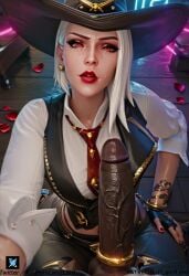 1boy 1girls :>= ai_generated ashe_(overwatch) ass big_ass big_breasts big_butt blizzard_entertainment breasts cowboy cowboy_hat eye_contact eyelashes eyeshadow female freckles kneeling light-skinned_female looking_at_viewer male overwatch overwatch_2 pale-skinned_female petite pornlandlord short_hair slim spiky_hair sweat