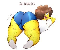 1boy 2025 anonymous_artist ass balls big_ass big_balls black_eyes body_hair brown_hair chubby chubby_male clothed curly_hair doggy_style epic_face excited fat_ass fat_male forsaken_(roblox) happy hi_res kinda_gay laying_on_stomach male male_only presenting_ass presenting_hindquarters roblox roblox_game robloxian shedletsky shedletsky_(forsaken) shorts sweat t-shirt text tight_clothing tights white_background yellow_skin