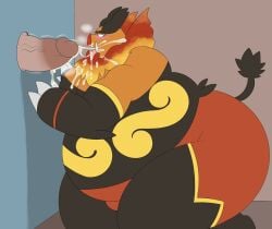 blush chubby cum_dripping_down_chin cum_dripping_from_mouth cum_in_mouth cum_inside emboar fat fat_penis furry glory_hole megacoolbear_(artist) pig pokemon pokemon_(species) sucking_penis veiny_penis