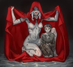 2girls adeptus age_difference breasts female female_only kneeling mossa nude red_cape small_breasts warhammer_(franchise) white_body