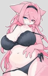1girls anthro big_breasts blue_eyes blush bra breasts canid canine canis clothed clothing countershading female female_anthro female_only fur furry hair hi_res long_hair looking_at_viewer mammal panties pink_fur pink_hair simple_background solo white_body whooo-ya