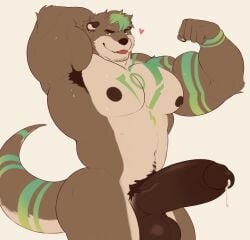 5_fingers anthro areola arm_markings armpit_hair balls bangs barazoku biceps big_balls big_muscles big_pecs big_penis biped blue_eyes bodily_fluids body_hair brown_areola brown_armpit_hair brown_body brown_ear brown_eyebrows brown_fur brown_glans brown_hair brown_nipples brown_nose brown_penis brown_pubes chest_markings claws closed_smile countershade_face countershade_fur countershade_legs countershade_tail countershade_torso countershading cum digital_media_(artwork) ear_piercing ear_ring english_text erection eyebrows finger_claws fingers fist flat_colors flexing flexing_bicep fur genital_fluids genitals glans gold_ear_ring green_highlights green_markings hair hand_behind_head heart_symbol hi_res highlights_(coloring) huge_cock huge_muscles humanoid_genitalia humanoid_hands humanoid_penis looking_at_viewer male male_anthro mammal markings monotone_background mouth_closed multicolored_body multicolored_fur muscular muscular_anthro muscular_male mustelid navel nipples nude nude_anthro nude_male otter pecs penis piercing pink_tongue portrait pubes ring_piercing simple_background smile smiling_at_viewer solo standing sweat tail tail_markings tan_body tan_countershading tan_fur text theor thick_penis three-quarter_portrait three-quarter_view tongue tongue_out triceps two_tone_body two_tone_fur vein veiny_penis