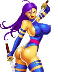 1girls asian asian_female ass betsy_braddock blue_eyes dat_ass dual_handjob elizabeth_braddock female female_only human human_only katana kwannon leotard light-skinned_female light_skin long_hair marvel marvel_comics pixel_art psylocke purple_hair solo straight_hair sword thong thong_leotard transparent_background warnerc x-men