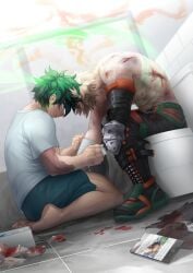 bakugou_katsuki bandages bare_legs barefoot bathroom bathtub bite_mark blonde_hair blood boku_no_hero_academia bones_(company) boots cellphoe feet freckles green_eyes green_hair indoors izuku_midoriya katsuki_bakugou keiitllyn legs midoriya_izuku my_hero_academia scar scar_on_arm scratches shirt shorts shounen_jump sitting soles superhero_costume toes toilet toned yaoi