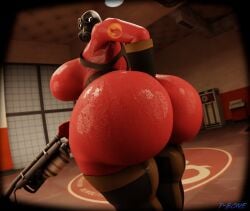 big_ass big_breasts clothed clothing digging_up_in_they_ass female fempyro huge_ass looking_at_ass looking_back pyro pyro_(team_fortress_2) t-bone_(artist) team_fortress_2 thick_thighs wet wet_clothes