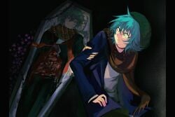2boys absurdres beanie black_jacket black_pants blood blood_on_clothes blue_eyes blue_hair blue_jacket brown_scarf chinese_commentary closed_mouth coffin commentary_request disembowelment flower grabbing_another's_arm green_hair green_hat guro hat highres hiyori_sou jacket kimi_ga_shine long_sleeves male_focus midori_(kimi_ga_shine) multiple_boys open_clothes open_jacket pants pillarboxed pink_flower scarf shirt short_hair smile tuitangguxuanshou white_shirt