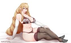 2021 abs artist_name blonde_hair boots breasts bridal_gauntlets crossed_legs elf elf_ears elf_female elinalise_dragonroad female female female_only highres large_breasts lingerie long_hair looking_at_viewer mushoku_tensei navel nofuture orange_eyes pointy_ears sitting smiling smiling_at_viewer solo stockings thick_thighs thigh_boots thighhighs thighs underwear very_long_hair white_background