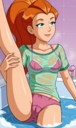 ai_generated ass bath bathing bigmic145 bra bra_visible_through_clothes breasts bubble female medium_breasts orange_hair panties ponytail sam_(totally_spies) see-through see-through_clothing soap soap_bubbles solo_female t-shirt totally_spies wet wet_body wet_clothes wet_clothing wet_skin
