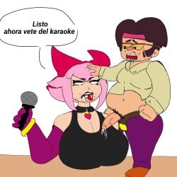 1boy1girl after_oral brawl_stars clothing cum_in_mouth dialogue jae-yong_(brawl_stars) melodie_(brawl_stars) microphone serious