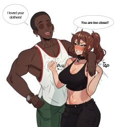 brown_hair clothing commission dark_skin dialogue oc onomatopoeia qos_clothing