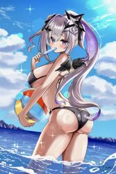 absurdres amane_konata ass ball bare_shoulders beachball bikini black_bikini black_halo black_wings blush breasts commentary_request cowboy_shot feathered_wings female food from_behind grey_hair halo highres holding holding_ball holding_beachball holding_food holding_popsicle hololive inokeiwd looking_at_viewer ocean outdoors popsicle purple_eyes purple_hair solo standing star_halo strap_gap swimsuit virtual_youtuber