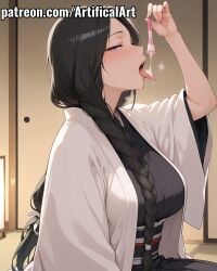 1girls ai_generated artifical_art big_breasts black_hair bleach bleach:_the_thousand-year_blood_war blush braid braided_hair condom cum_in_condom cum_in_mouth cum_on_tongue curvaceous_female curvaceous_figure drinking_cum haori japanese_clothes kimono licking_cum light-skin light-skinned_female long_hair mature mature_female milf open_mouth perfect_body purple_eyes solo tongue_out unohana_retsu used_condom voluptuous_female