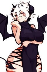 arm_under_breasts belly_button black_hair blaire_rune blairevt breast_lift breasts demon_horns demon_tail demon_wings dress exposed_shoulders horns indie_virtual_youtuber large_breasts lifting_breasts looking_at_viewer nonbinary red_eyes red_stripes short_hair skindentation smug striped_body tail thick_thighs thigh_cutout thigh_squish tummy turtleneck turtleneck_dress virtual_youtuber vtuber white_hair wide_hips