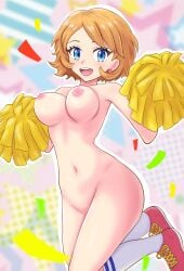 blonde_hair blue_eyes breasts cheerleader completely_nude completely_nude_female confetti earrings jumping looking_at_viewer maho_(corotonton5150) nude nude_female pokemon pokemon_(anime) pokemon_journeys pokemon_xy pom_pom_(cheerleading) pom_poms serena_(pokemon) shoes short_hair smile smiling smiling_at_viewer socks