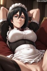 1girls ai_generated anime attack_on_titan black_eyes black_hair female female female_only hands_behind_head looking_away lying lying_on_back maid maid_apron maid_headdress maid_outfit maid_uniform medium_breasts mikasa_ackerman no_panties patreon salupai shingeki_no_kyojin short_hair smile solo solo_female uncensored watermark