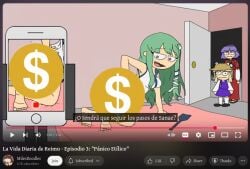 3girls blue_eyes cellphone dollar_sign door feet frog_hair_ornament frog_hat green_hair hair_ornament hat kochiya_sanae milesdoodles moriya_suwako multiple_girls non-web_source open_door phone screenshot smartphone spanish_text taking_picture touhou yasaka_kanako youtube