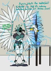 anthro avian big_breasts breasts clothing colored_fingernails colored_nails computer covering covering_self crossed_legs desk dialogue duo electricity electronics feathers female fingernails forced forced_transformation furniture gender_transformation goldengryphon grey_body grey_feathers gryphon gynomorph hi_res holding_breast interdimensional_portal intersex laptop machine mtf_transformation mythological_avian mythological_creature mythology nails robot robot_anthro sierra_(goldengryphon) surprised synthetic table teal_eyes torn_clothing transformation wings