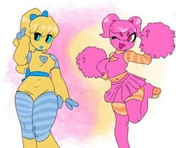 2d 2d_(artwork) 2d_artwork 2girls bow breasts cheerleader colorful_background female girls_only hoola_(my_singing_monsters) mobile_game monster_girl msm my_singing_monsters pomily pompom_(my_singing_monsters) safe safe_for_work shy_girl skirt tagme thick_thighs thigh_highs thighhighs vibrant_colors