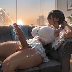 1futa ai_generated balls breasts cum dark-skinned_futa dickgirl futanari huge_balls huge_breasts huge_cock huge_nipples huge_testicles intersex inviting inviting_to_sex large_balls large_cock large_penis large_testicles licking licking_penis penis precum sagging_balls solo veiny_penis
