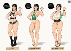 apron band_shirt barista black_hair black_nails blush bracelet bracelets brat bratty brown_eyes character character_sheet choker dark_hair denim_shorts english_text eyeliner feet gnashershells goth metalhead miniskirt original_character petite petite_body petite_breasts petite_female pussy ripped_shorts sandals skirt slutbuckers slutbuckers_coffee snarky speech_bubble stacie_brandy_(gnashershells) tank_top tattoos toes vagina work_uniform
