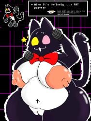 3:4 anthro areola ass belly big_areola big_breasts big_butt breasts deltarune electronics english_text felid feline female glistening glistening_body hi_res lilith_bz_(artist) mammal microphone nipples overweight overweight_anthro overweight_female pluey_(deltarune) simple_background slightly_chubby text undertale_(series)