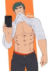 1boy bara cresxart dated flat_colors hinomaru_zumou kunisaki_chihiro male male_only muscular nipples selfie shirt_lift solo tagme