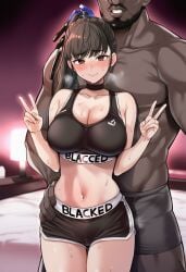 1boy1girl african_male ai_generated beard blacked blacked_clothing boxers dark-skinned_male double_peace_sign eve_(stellar_blade) female grabbing_from_behind heavy_breathing high_resolution highres hip_grab imminent_sex interracial large_breasts light-skinned_female male muscular muscular_male nervous_smile size_difference sports_bra sportswear stellar_blade sweat