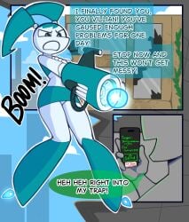 advertisement angry anon anthro black_eyes blue_hair bottomwear broken_building broken_glass broken_window building clothing comic_page dialogue electronics female flying glass glowhorn hair hero hi_res holding_object holding_phone humanoid jenny_wakeman laser machine male my_life_as_a_teenage_robot navel nickelodeon open_mouth phone phone_screen ponytail robot robot_humanoid skirt sky smile solo talking_to_another threatening virus weapon window