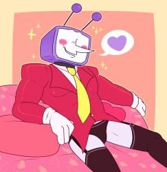 blush cl0ckability deltarune digital_media_(artwork) heart lingerie muscular_male tenna_(deltarune) thighs tv_head