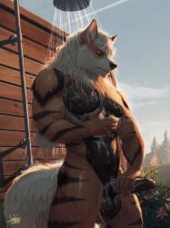 anthro arcanine balls bathing erection foreskin fur generation_1_pokemon genitals hi_res humanoid_genitalia humanoid_penis jaykat male muscular nintendo nude outside pecs penis pokemon pokemon_(species) showering soap solo uncircumcised wet wet_body wet_fur
