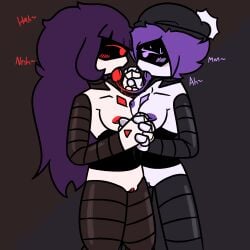 2girls beanie beanie_hat doll_(murder_drones) female female_only glitch_productions headwear holding_hands lesbian_kiss making_out murder_drones nude nude_female purple_eyes purple_hair purple_nipples red_eyes red_nipples self_upload spit_trail superbharm0ny uzi_(murder_drones) yuri
