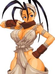 1girls bandages black_hair blue_eyes breasts cleavage clothed erect_nipples eyelashes female female_only gloves hair_between_eyes hand_on_hip human ibuki_(street_fighter) implied_nopan kunoichi large_breasts long_hair nopan ponytail skimpy smile solo standing street_fighter street_fighter_iii tied_hair transparent_background warnerc wide_hips