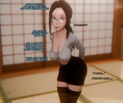 1girls 3d beauty_mark black_hair boku_no_hero_academia caption cleavage cuckold cuckolding dialogue female glasses green_eyes hoop_earrings large_breasts long_hair looking_at_viewer makeup mole_under_mouth my_hero_academia netorare ntr ponytail short_skirt sic_phuck solo solo_female solo_focus stockings tsukauchi_makoto vigilante:_my_hero_academia_illegals