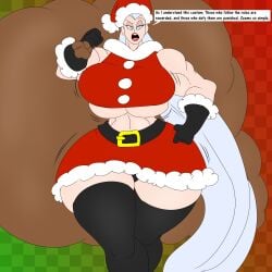 bag big_breasts checkered_background christmas dc dc_comics denizen1414 gloves mala_(kryptonian) panties sack simple_background superman_(series) text thick_thighs underboob wide_hips