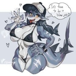 1:1 2025 5_fingers absurd_res anthro artist_name baseball_cap big_breasts big_tail bikini bikini_thong black_bikini black_clothing black_swimwear blush breasts camel_toe cleavage clock clothed clothing countershading dialogue english_text eyebrow_through_hair eyebrows eyelashes fellatio_gesture female fin fingers fish genitals gesture grey_body hair hand_on_hip hat headgear headwear heart_symbol hi_res iepelppa inviting_to_sex legs_together looking_at_viewer marine midriff motion_lines navel non-mammal_breasts non-mammal_navel open_mouth open_smile plump_labia pose pussy_floss shark sharp_teeth simple_background skimpy smile solo speech_bubble standing suggestive suggestive_gesture swimwear tail tail_fin teeth text thick_thighs tongue tongue_out translucent translucent_hair two-piece_swimsuit under_boob vulva watch white_body white_countershading wide_hips wristwatch yellow_eyes
