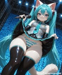 1girls absurd_res ai_generated anthro blue_eyes blue_hair breasts camel_toe cat_ears cat_girl cat_tail catgirl feline female fluffy_tail fur furry happy hatsune_miku hi_res highres holding_microphone long_hair looking_at_viewer medium_breasts panties skirt stage standing stockings striped_panties tagme tail thick_thighs thighhighs twintails white white_fur xorvexai