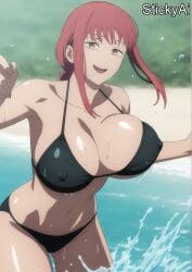 ai_generated anime_coloring beach braided_ponytail chainsaw_man female large_breasts long_hair makima_(chainsaw_man) ponytail red_hair ringed_eyes stickyai yellow_eyes