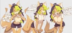 2025 big_breasts bottomwear breast_growth breasts canid canine clothed clothing countershading dawn_6e736677 domestic_cat english_text felid feline felis fox green_highlights growth heart_symbol hi_res highlights_(coloring) hybrid inner_ear_fluff looking_at_viewer mammal mango_(dawn_6e736677) presenting presenting_breasts raised_clothing raised_shirt raised_topwear shape_shifter shapeshifter shirt shorts speech_bubble tail talking_to_viewer text topwear tuft