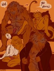 3:4 absurd_res anthro barbary_lion bird_dog boypretties canid canine canis comic dialogue domestic_dog dressing duo felid flaccid genitals hi_res hunting_dog lion male male/male mammal orgasm_denial pantherine penis pillow pubes spaniel tail tail_tuft the_apprentice's_plea tuft yellow_body