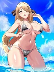 armpits ass_visible_through_thighs bare_arms bare_belly bare_legs bare_shoulders bare_thighs belly_button big_breasts bikini black_eyes blonde_hair blush body_blush breasts cameltoe cleavage collarbone cynthia_(pokemon) damuko_(kxmx4323) embarrassed grey_bikini groin hair_over_one_eye long_hair ocean open_mouth outdoors pokemon shiny_skin side-tie_bikini_bottom sideboob thick_thighs thighs underboob wading water